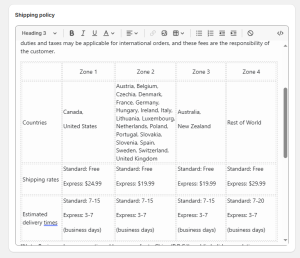 运费模板里插入了一个表格，显示正常，但浏览网页却排版错误-Shopify 问答社区